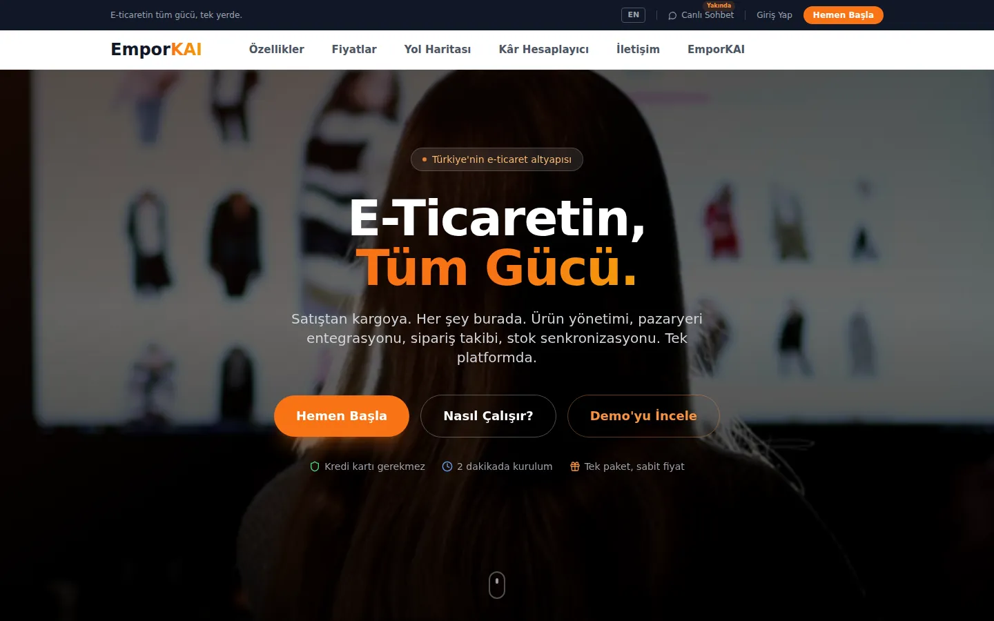 The emporkai.com home page: the headline "E-Ticaretin, Tüm Gücü." on a dark background