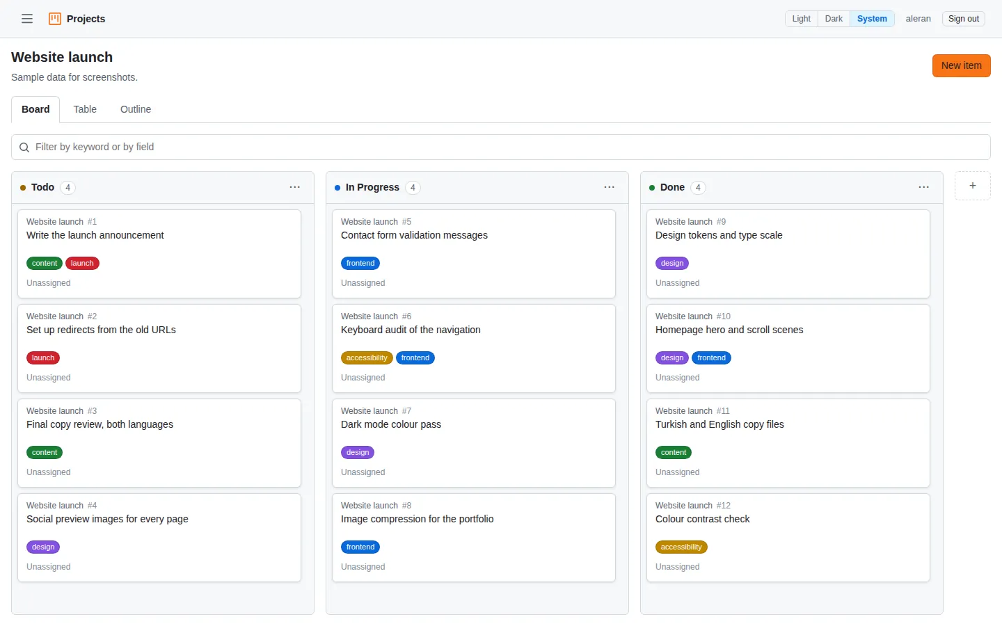 The EmporMAN project board: the Todo, In Progress and Done columns of a sample website launch project